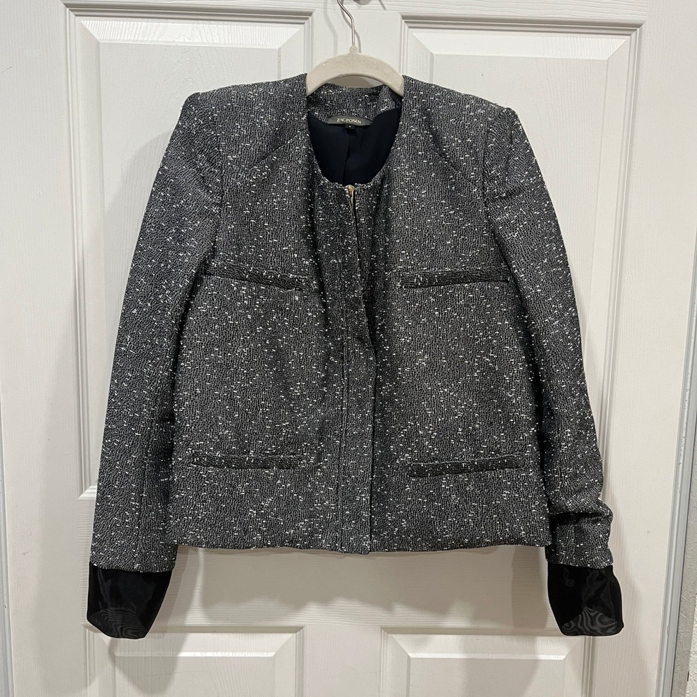 Zac Posen Jacket Womens Size 6 Tweed Blazer Black White Gold Zip Front‎